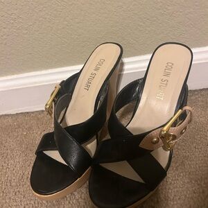 Colin Stuart Black and Cream Mules with Gold Buckle